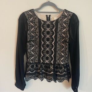 Aniina Black Lace Peplum Blouse Zipper Back Size M